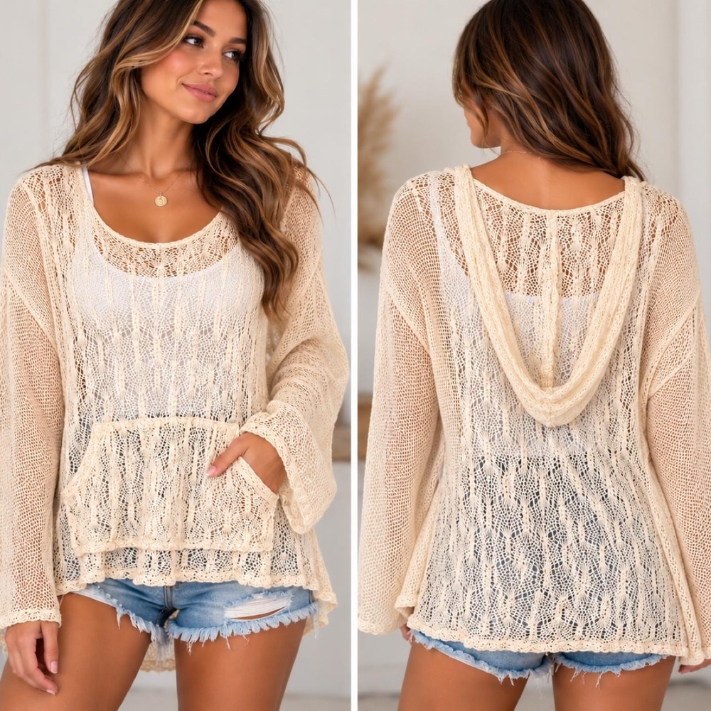 NWT BKE Boutique Cream Open-Knit Hoodie 🤍✨